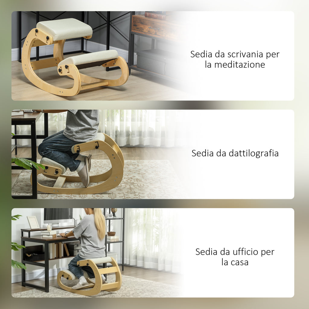 6-Position Adjustable Kneeling Chair in Linen-Effect Fabric and Birch Wood, 55x85x55 cm, Cream