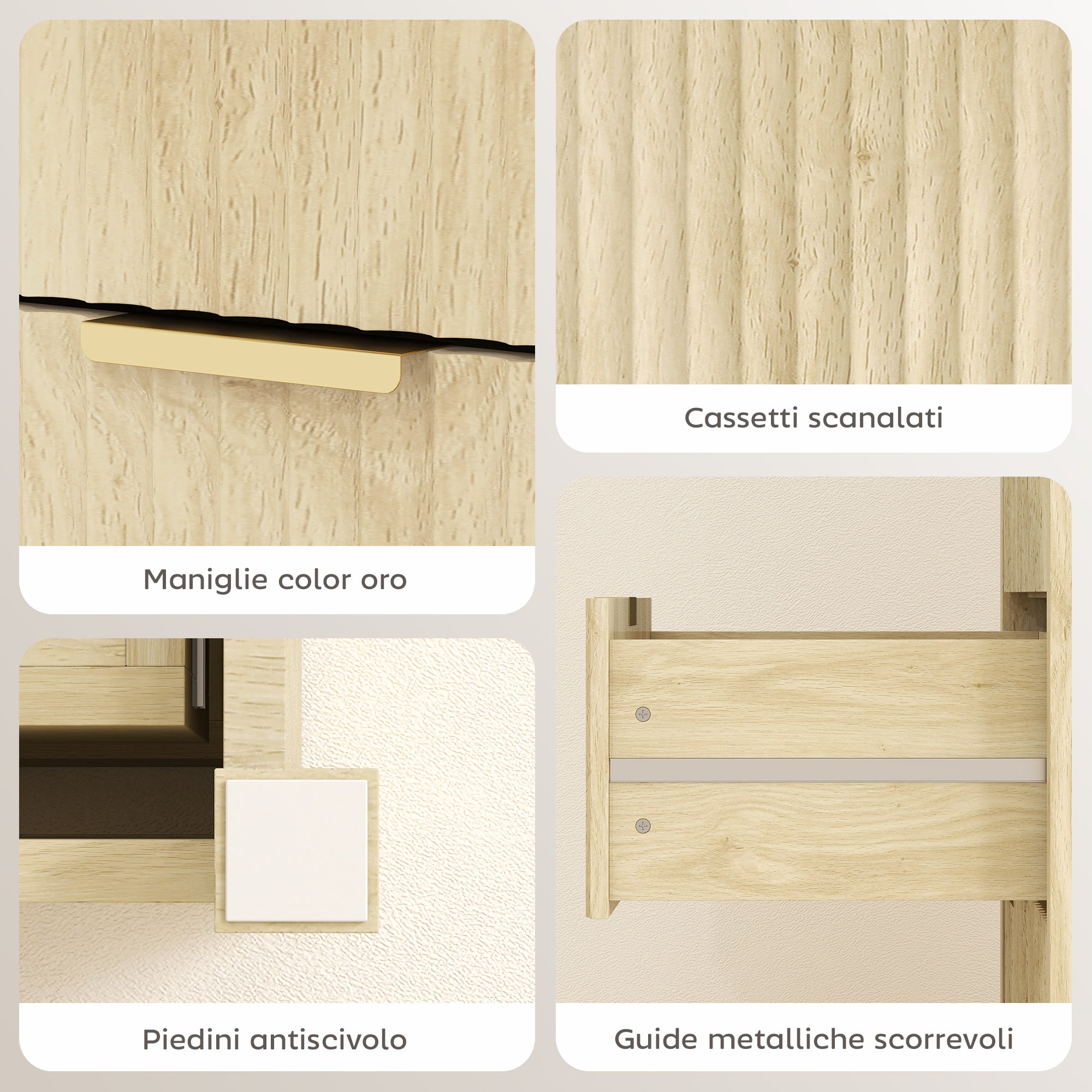 Chest of Drawers with 4 Grooved Drawers and Golden Handles, 70x38x93 cm, Natural Wood