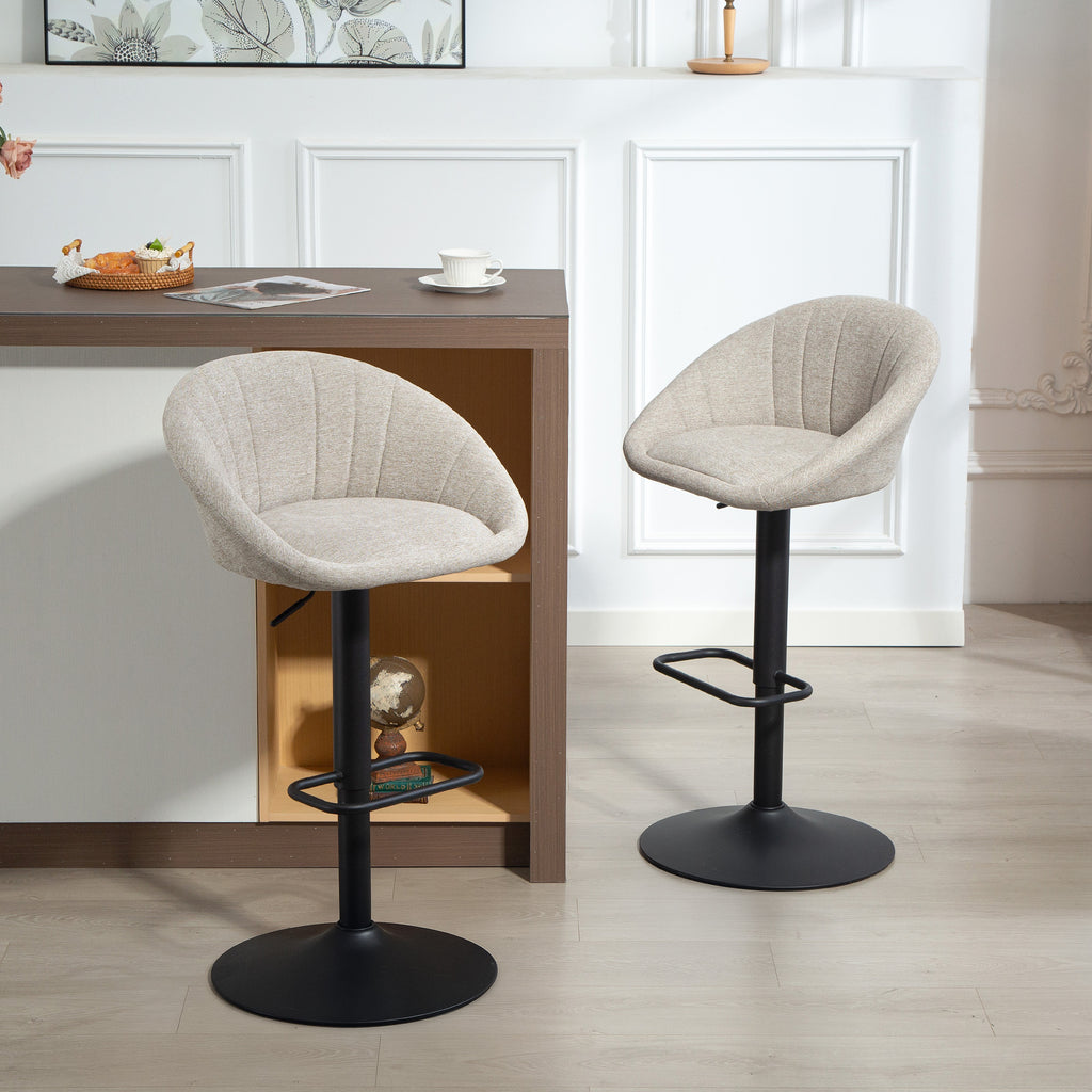 Set of 2 Height-Adjustable Bar Stools with Swivel Fabric Seat and Footrest, Beige