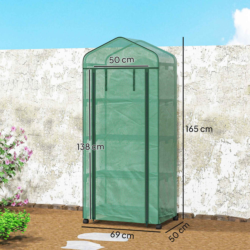 Outsunny 4-Tier Balcony Greenhouse with 4 Wheels and Roll-Up Entrance, Steel and PE, 69x50x165 cm, Green