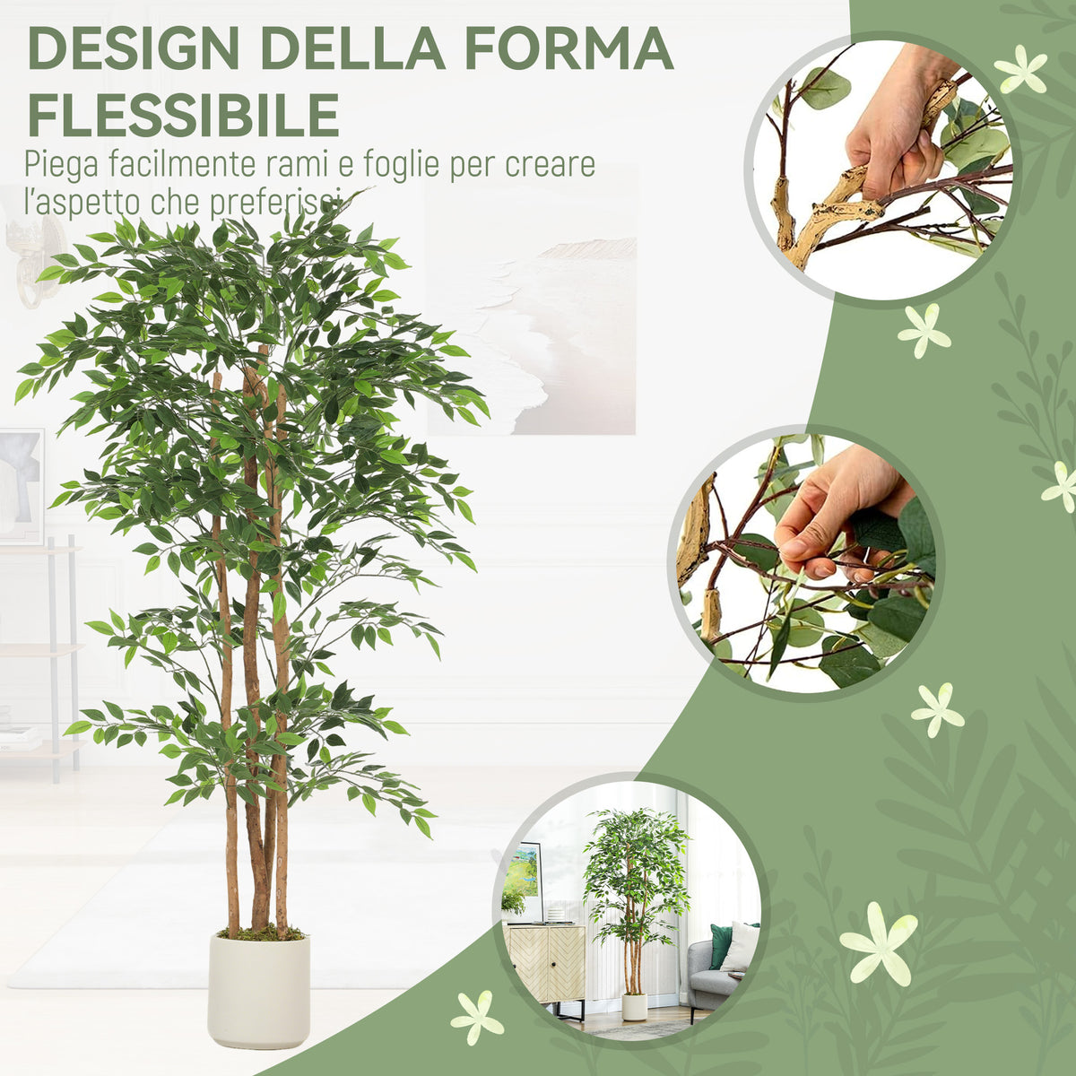 HOMCOM Artificial Banyan Tree Plant in PEVA and Wood with Adjustable Branches and Container Pot in PP and Cement