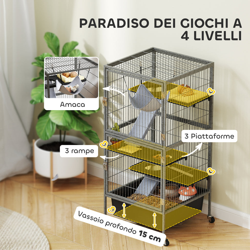 4 Level Small Animal Cage with Ramps, Platforms, Hammock and Wheels, 52x52x115 cm, Grey