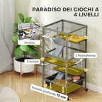 4 Level Small Animal Cage with Ramps, Platforms, Hammock and Wheels, 52x52x115 cm, Grey