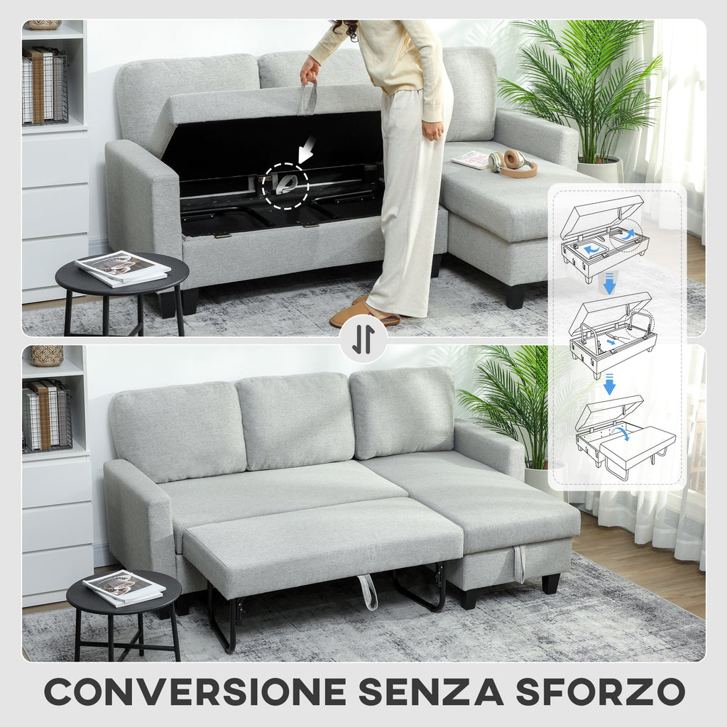 3-Seater Sofa Bed with Chaise and Storage Space, Linen-Effect Fabric, 197x129x85 cm, Grey and Black