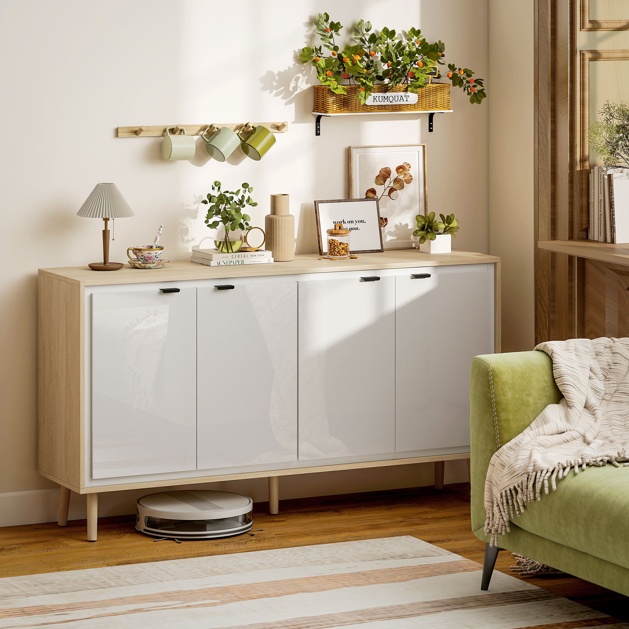 Modern 4-Door Sideboard with Adjustable Shelf, 141x35x77 cm, Gloss White and Oak