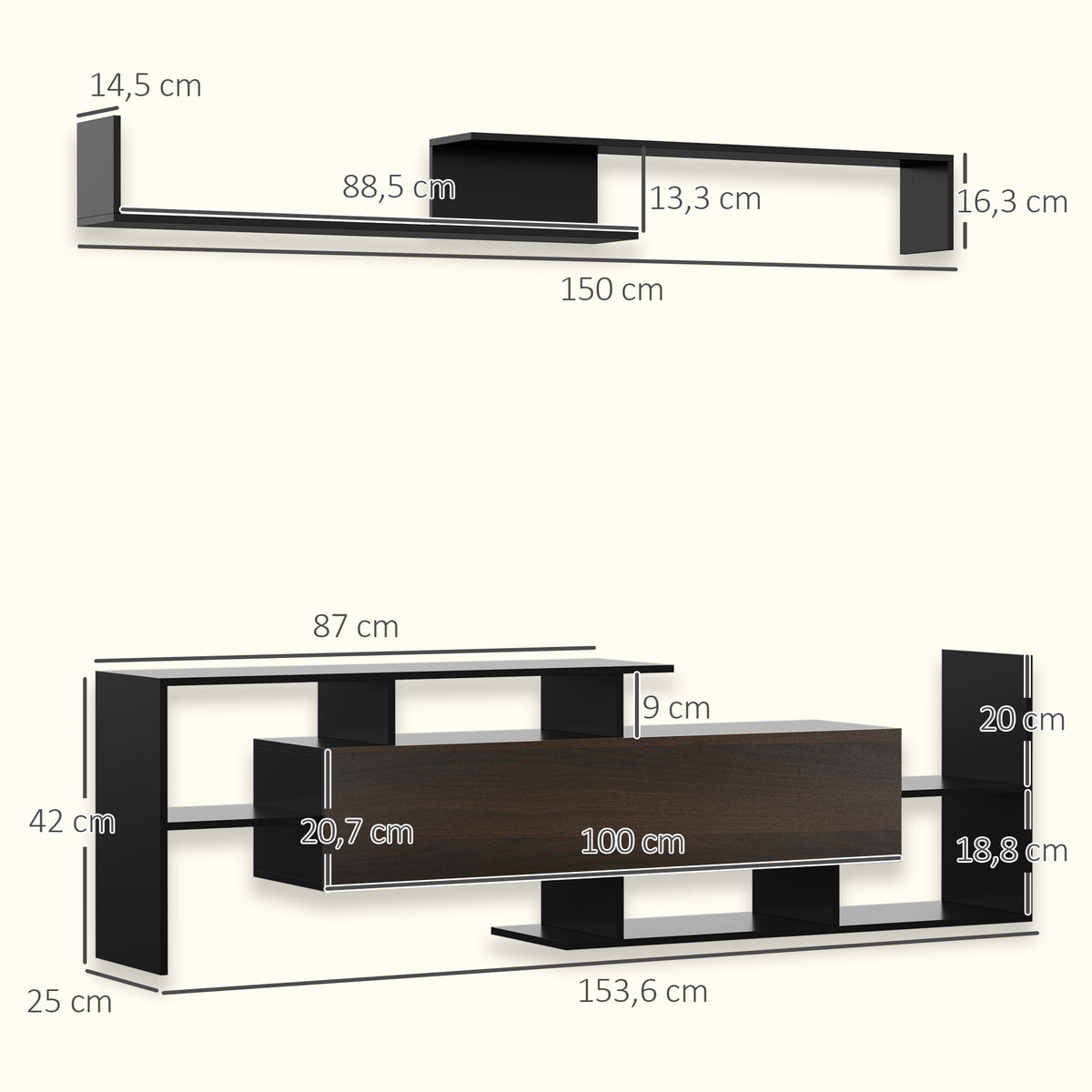 HOMCOM Wall-Mounted TV Stand with Open Shelves and Cabinet for Living Room and Bedroom, Black and Dark Brown