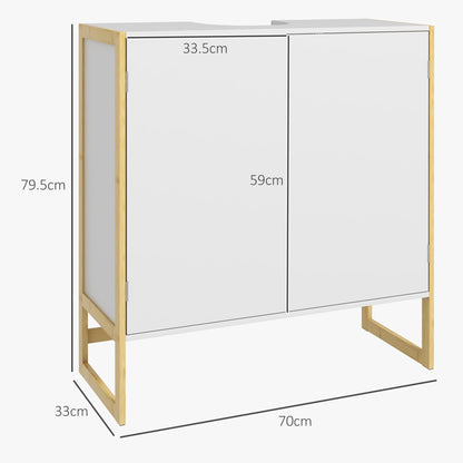 Bathroom Vanity Cabinet with 2 Push-On Doors in Bamboo and MDF with U-Cut, 70x33x79.5cm, White