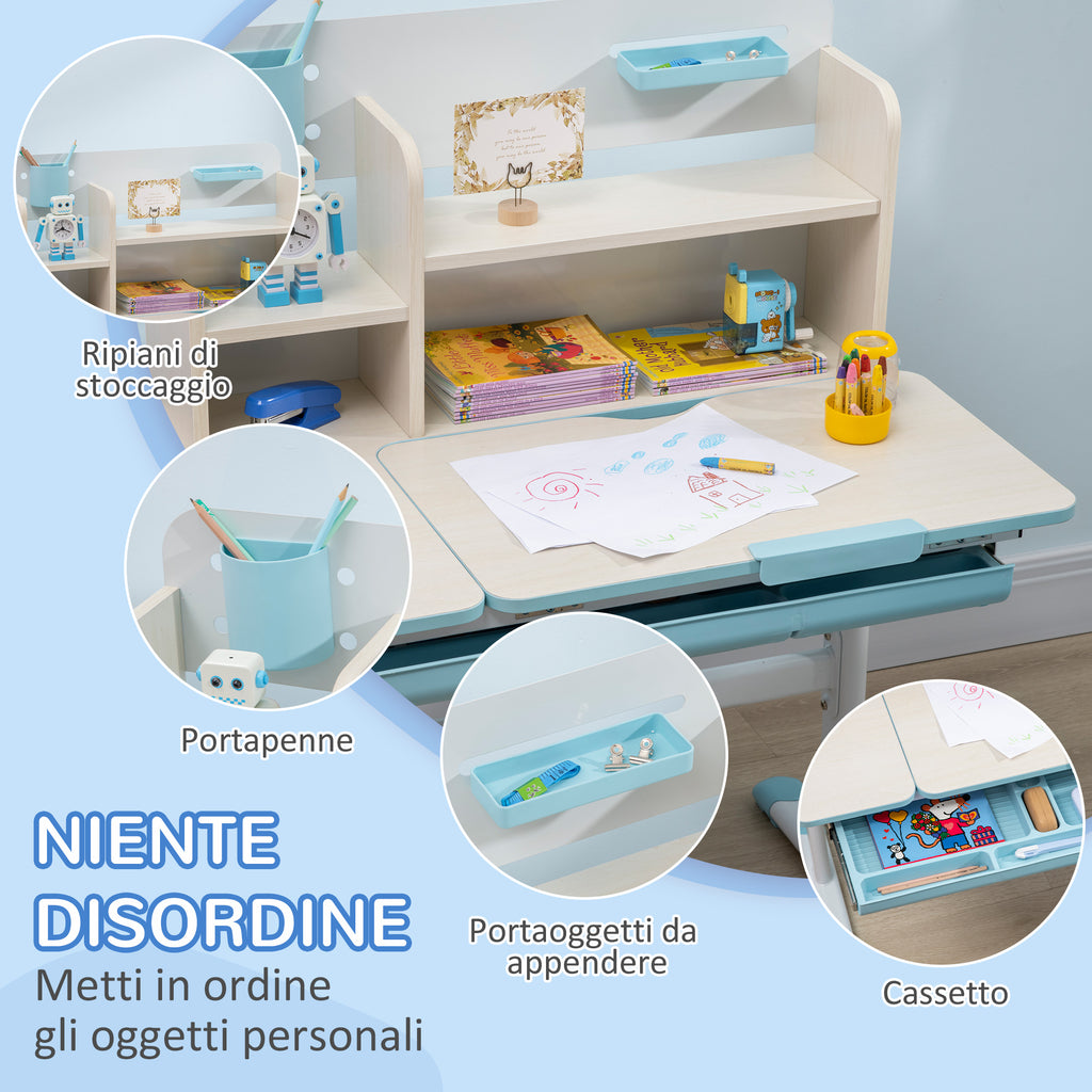 Children's Desk and Chair Set for Ages 3 and Up, Adjustable 60° Tiltable Table with Drawer and Shelves, Blue
