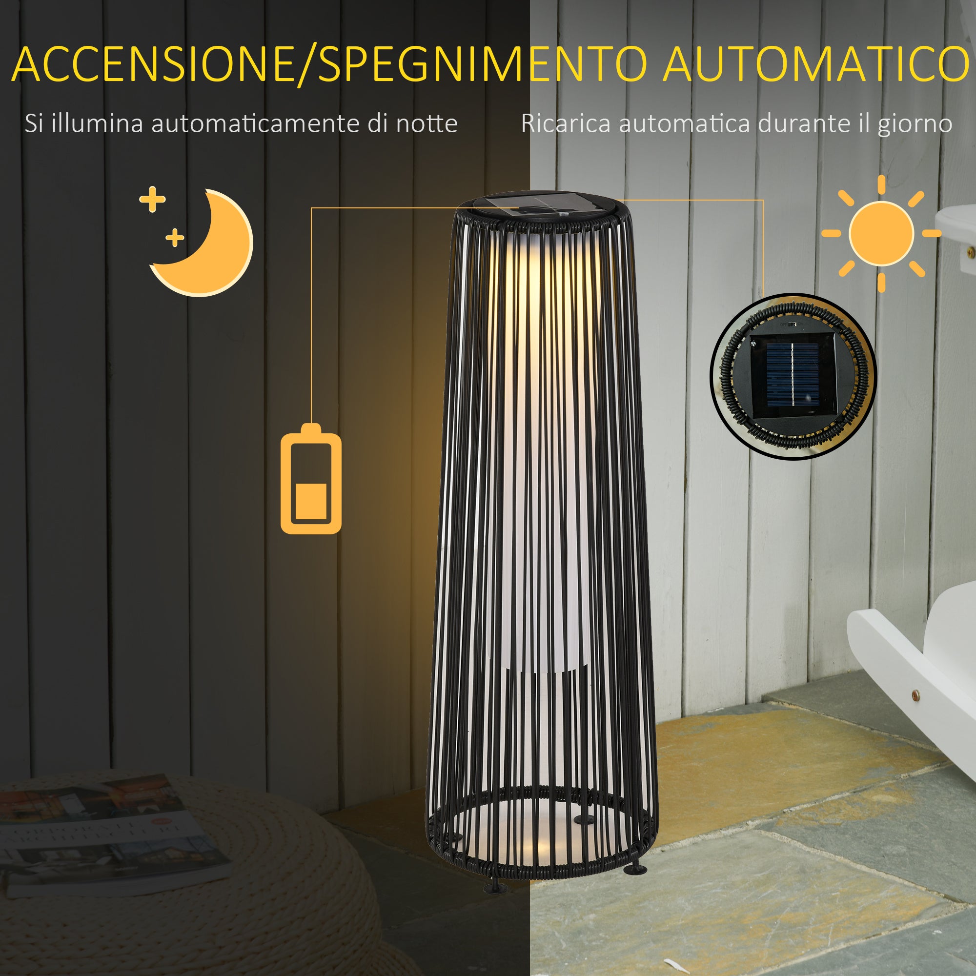 Outsunny Solar LED Garden Lantern with Charging Panel in Rattan and Metal, Ø21.5x61cm, Black