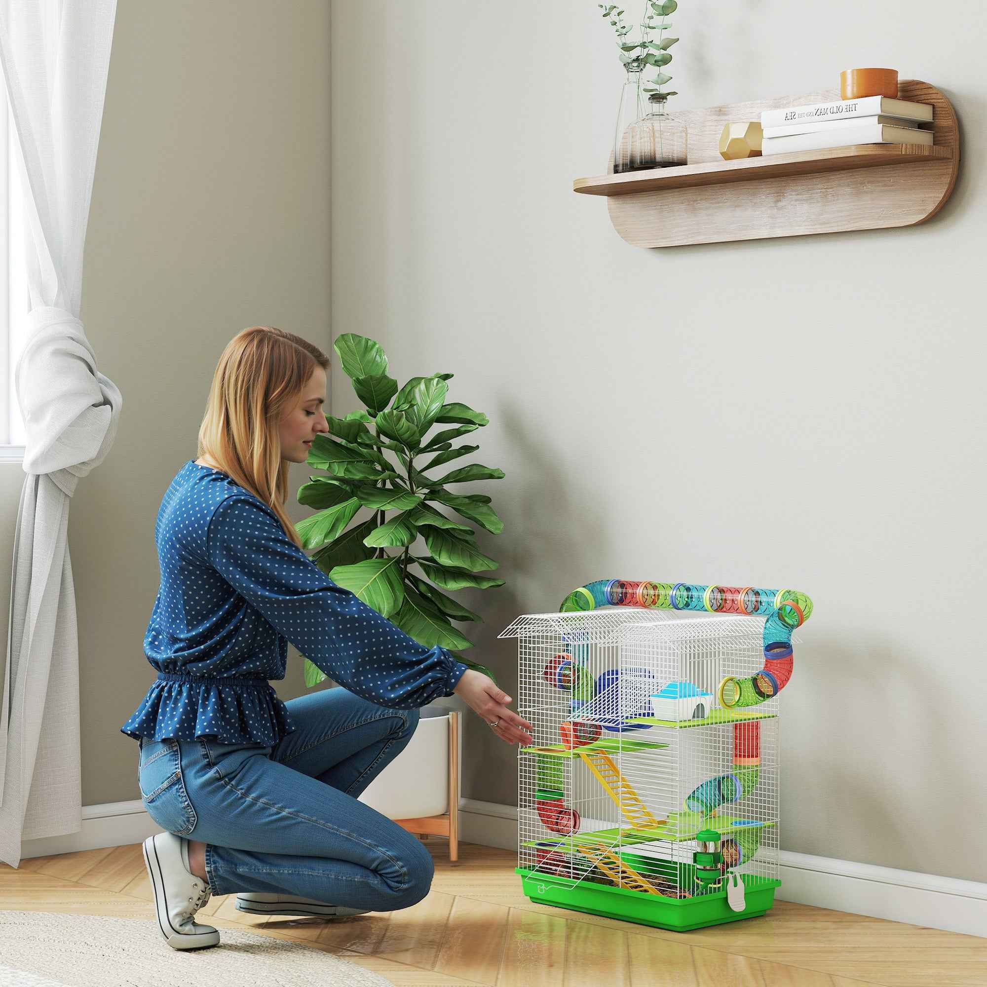 PawHut 5-Story Hamster Cage with Colorful Tubes, Wheel, House and Accessories, 47x30x59 cm, Green