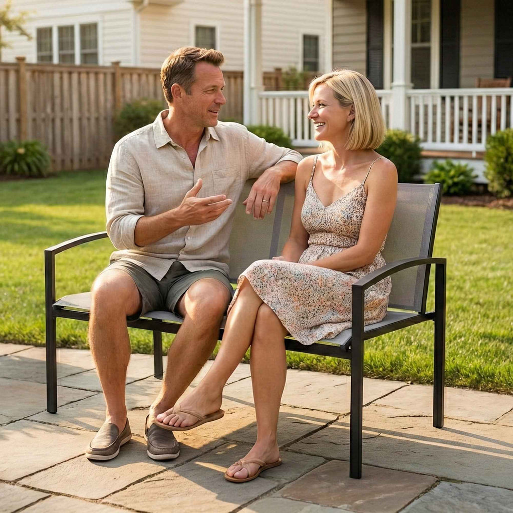 Outsunny 2-Seater Metal Garden Bench with Breathable Texteline Fabric, Grey.