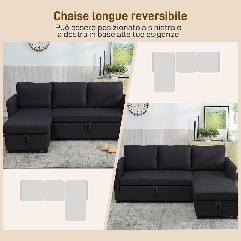 Linen-Effect Corner Sofa Bed with Retractable Storage Compartment, 192x148x86 cm, Anthracite Grey