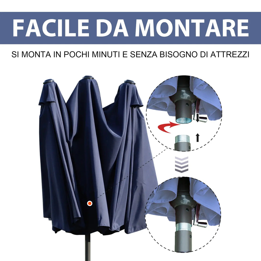 Double Garden Umbrella with Crank Opening, Steel and Polyester, 460x270x240 cm, Blue - Borge' Group Limited