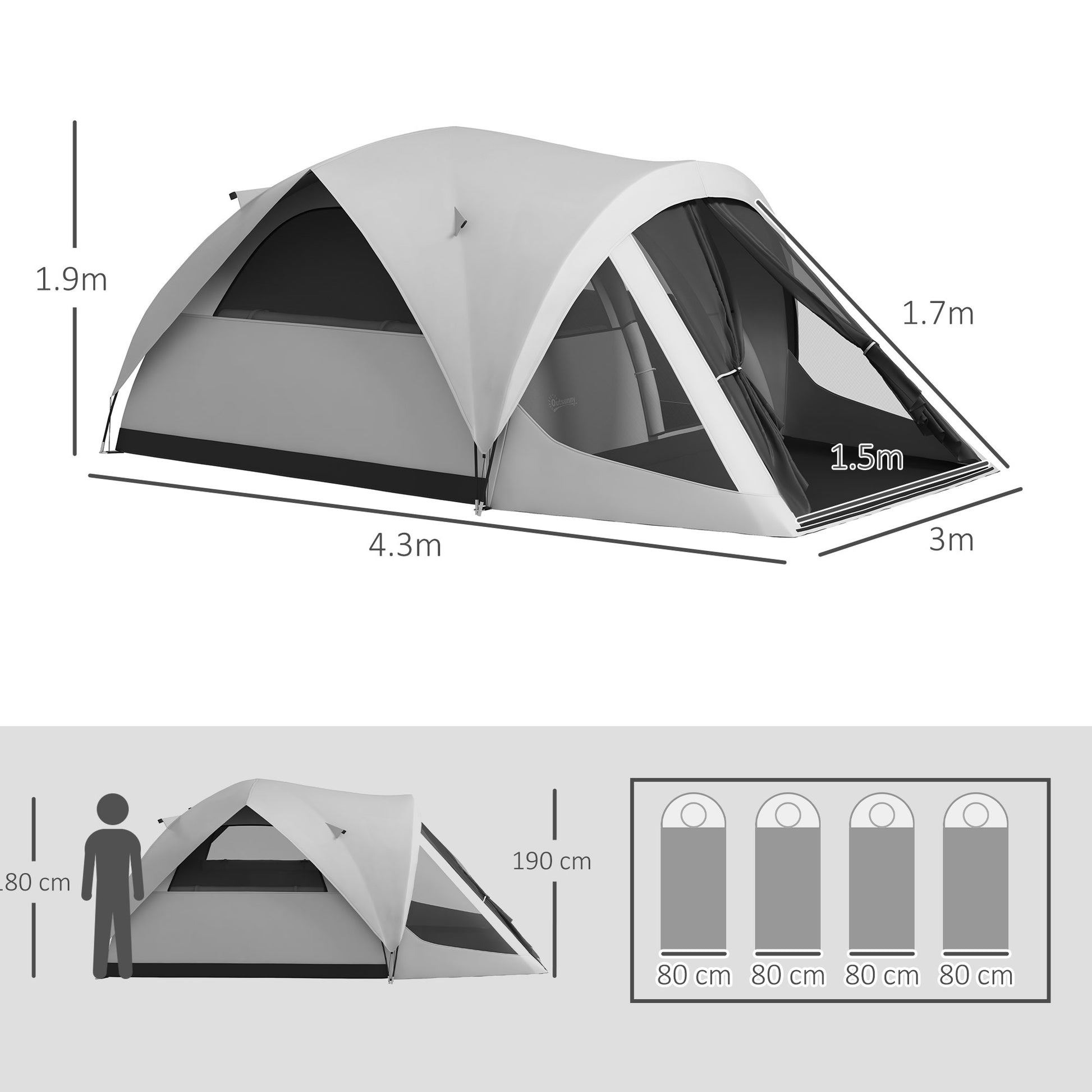 Outsunny Waterproof 4-Person Camping Tent with Sleeping Area and Living Area, in Polyester, 430x300x190 cm, Gray - Borgè