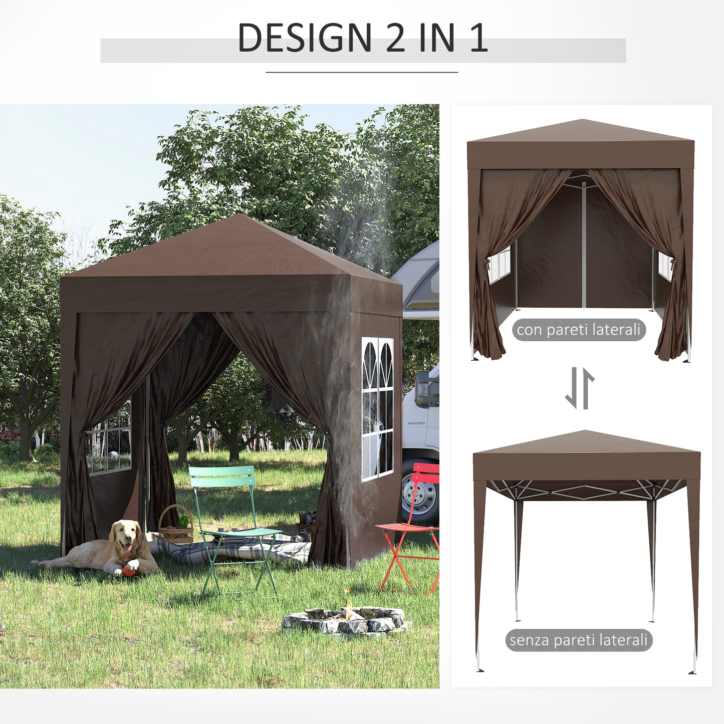 Outsunny gazebo 2x2 m folding with 4 removable walls and transport bag, metal and polyester, brown - Borgè