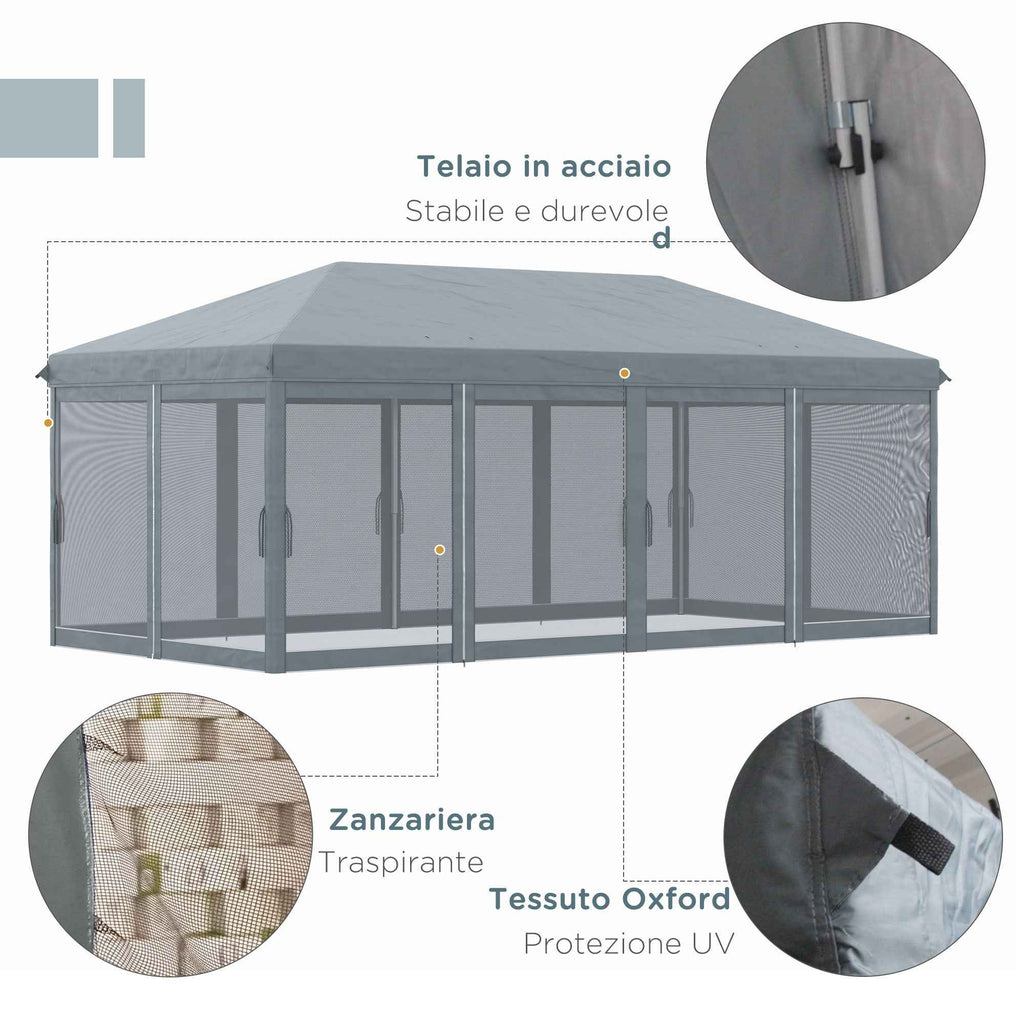Outsunny 6x3m Folding Garden Gazebo with 6 Mosquito Nets and Button, Steel and Polyester, Grey