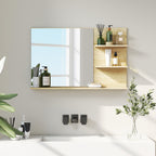 Modern Bathroom Mirror with 2 Side Shelves and Bottom Shelf, in Wood and Glass, 75x10x48 cm, Wood Color