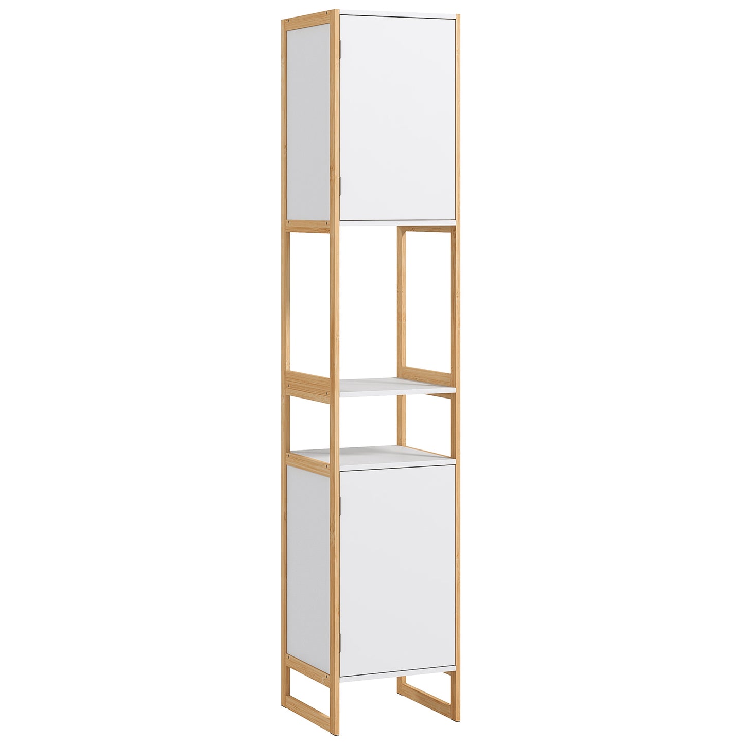 Space-Saving Bamboo Bathroom Column with Open Shelves and 2 Push-Opening Cabinets, White