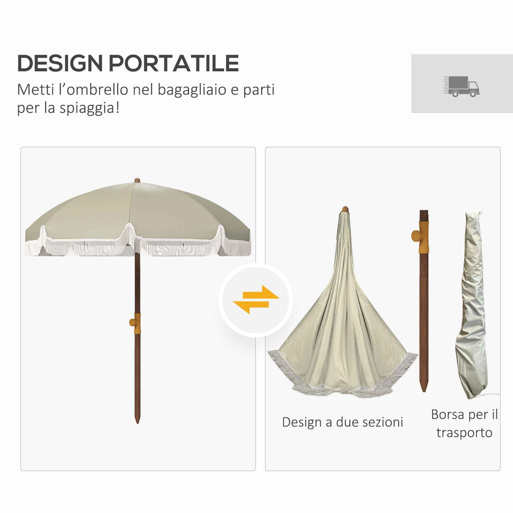 Outsunny UV40+ 8-Ribbed Beach Umbrella with Carry Bag, Metal and Polyester, Ø1.9x2.1 m, Green