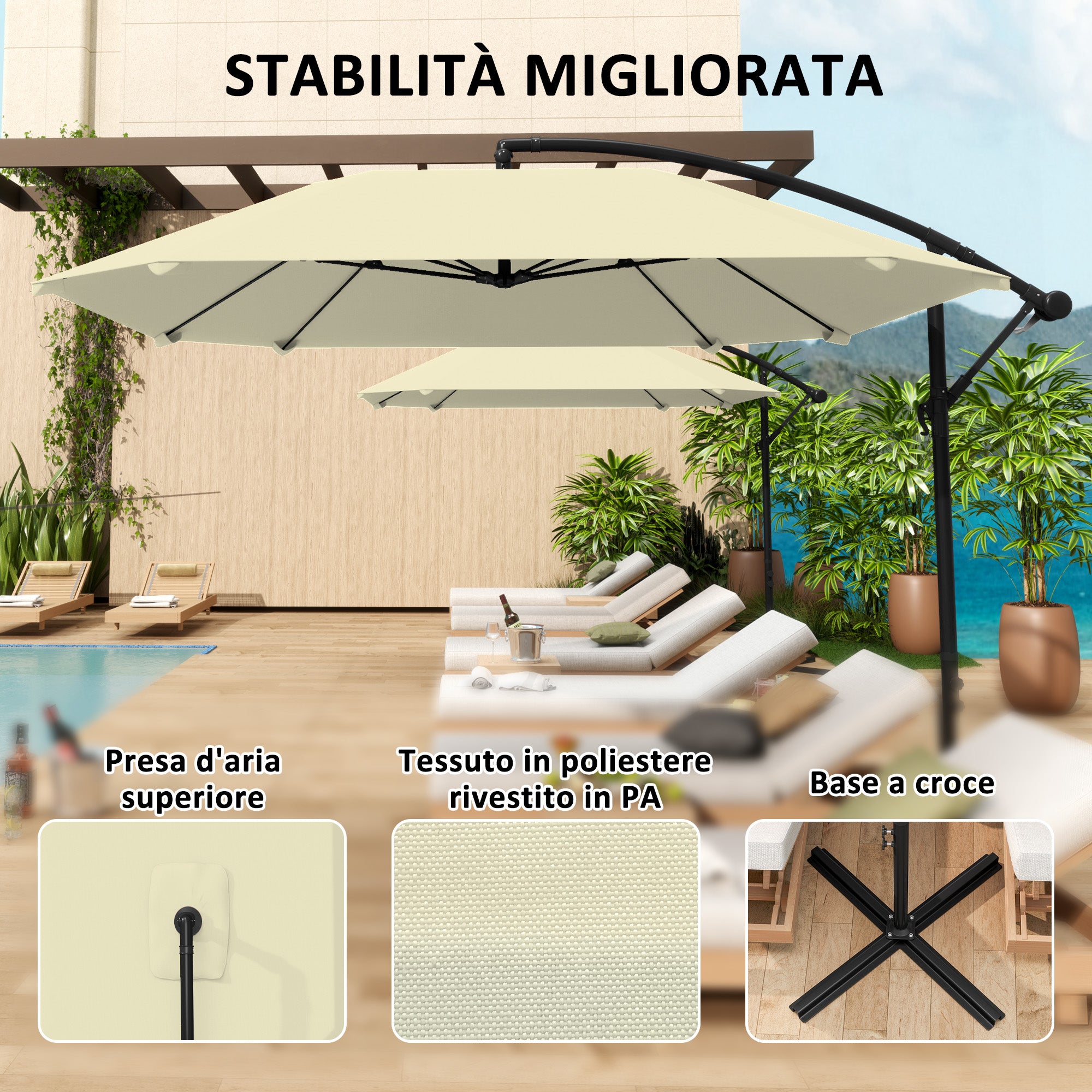 Cantilever Umbrella with Adjustable Cover and Cross Base, in Metal and Polyester, 260x304x245 cm, Cream