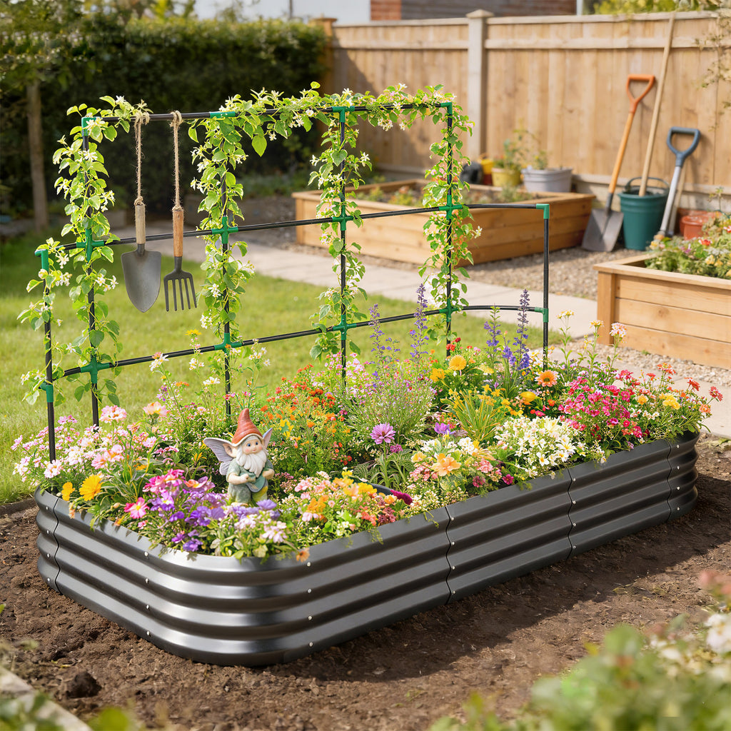 Outsunny Raised Vegetable Garden with Trellis for Climbing Plants and Open Metal Bottom, 220x110x150 cm, Dark Grey