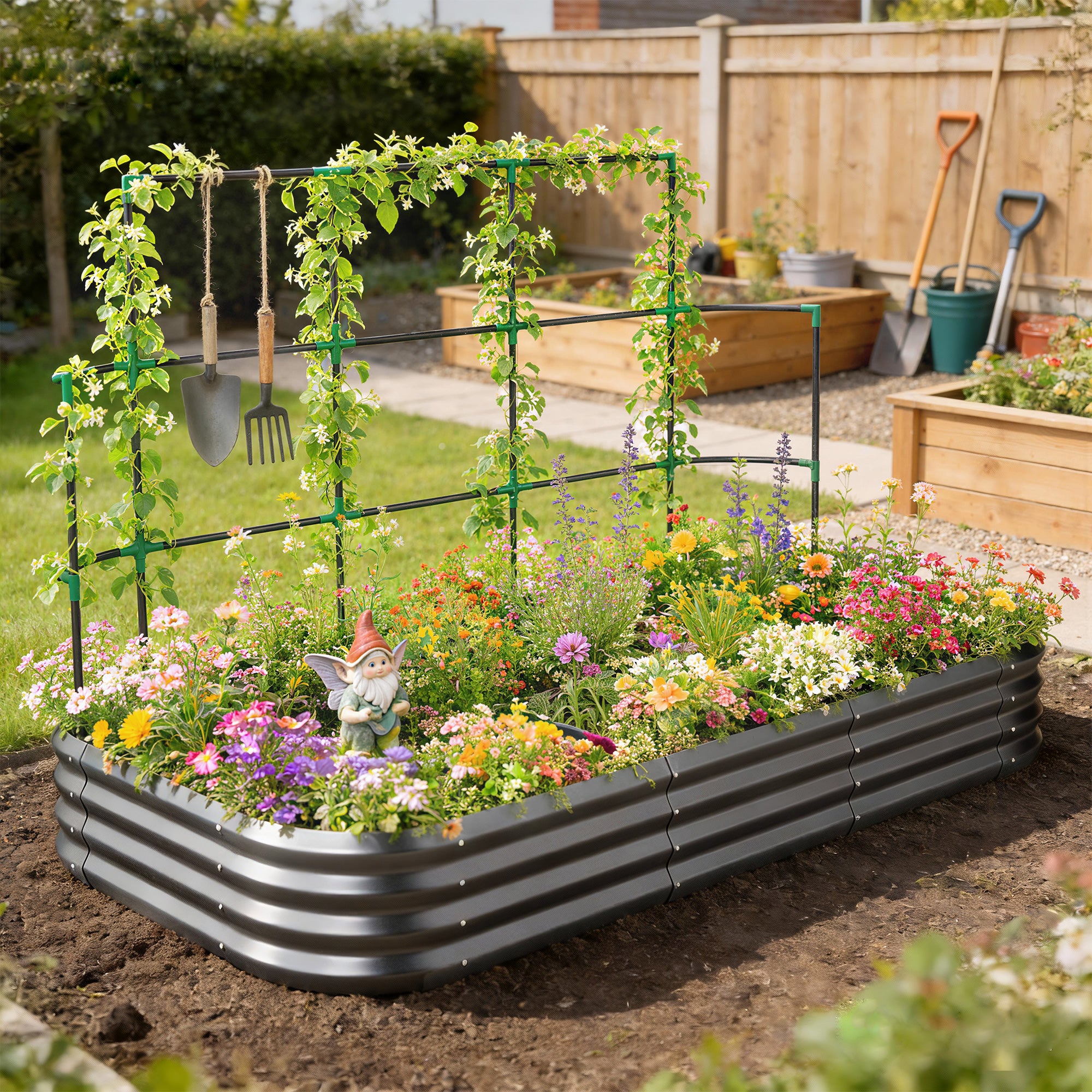 Outsunny Raised Vegetable Garden with Trellis for Climbing Plants and Open Metal Bottom, 220x110x150 cm, Dark Grey