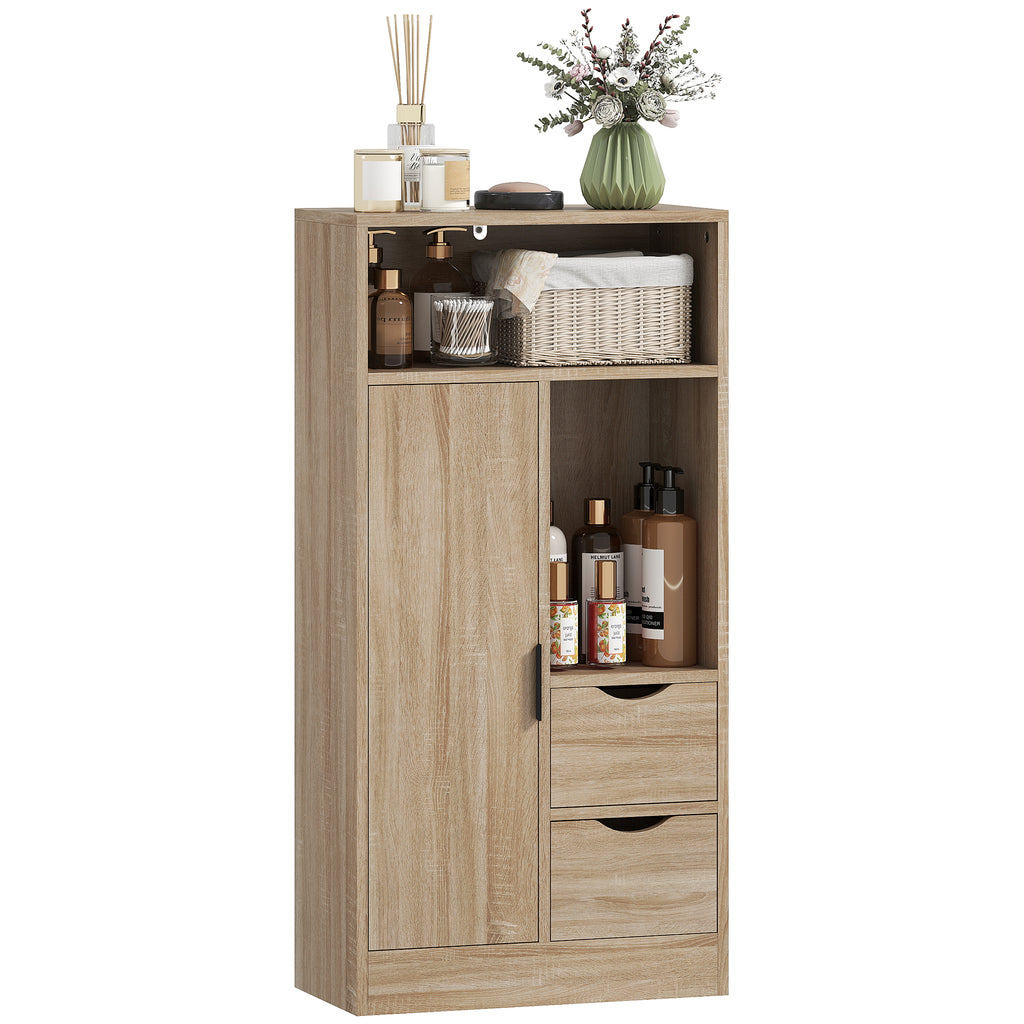 Space-Saving Slim Bathroom Cabinet with 2 Drawers, Shelves and Cabinet, 50x25x100 cm, Natural Wood