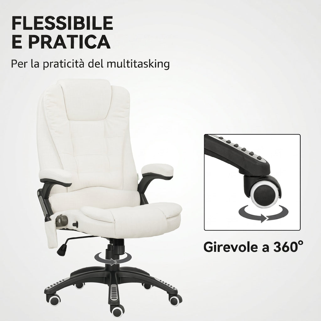 Vinsetto Reclining Massage Office Chair with Adjustable Height, Remote Control, Linen-Effect Fabric, Cream