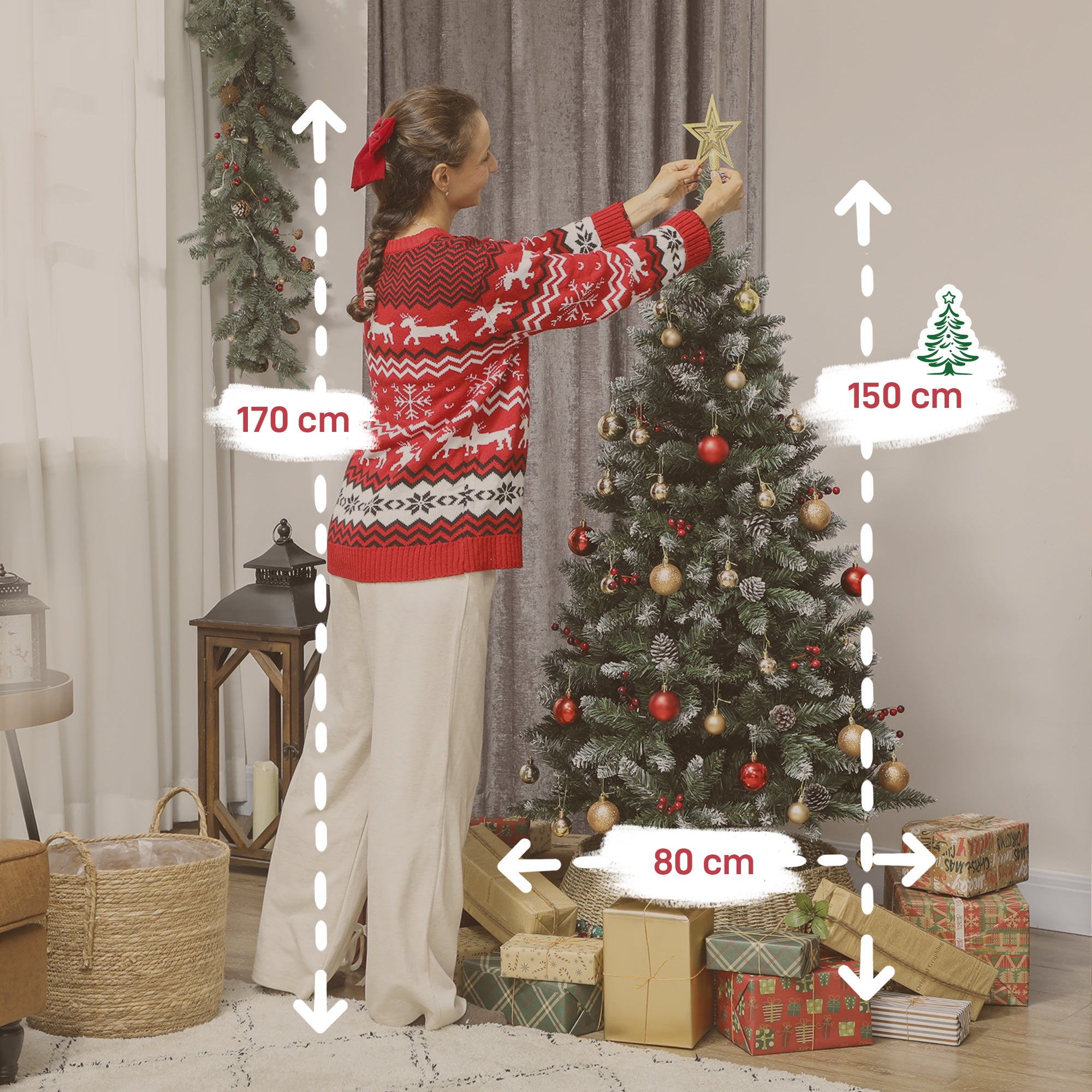 150cm Indoor Christmas Tree with 398 Branches, Pine Cones and Red Berries, Metal Base, Green