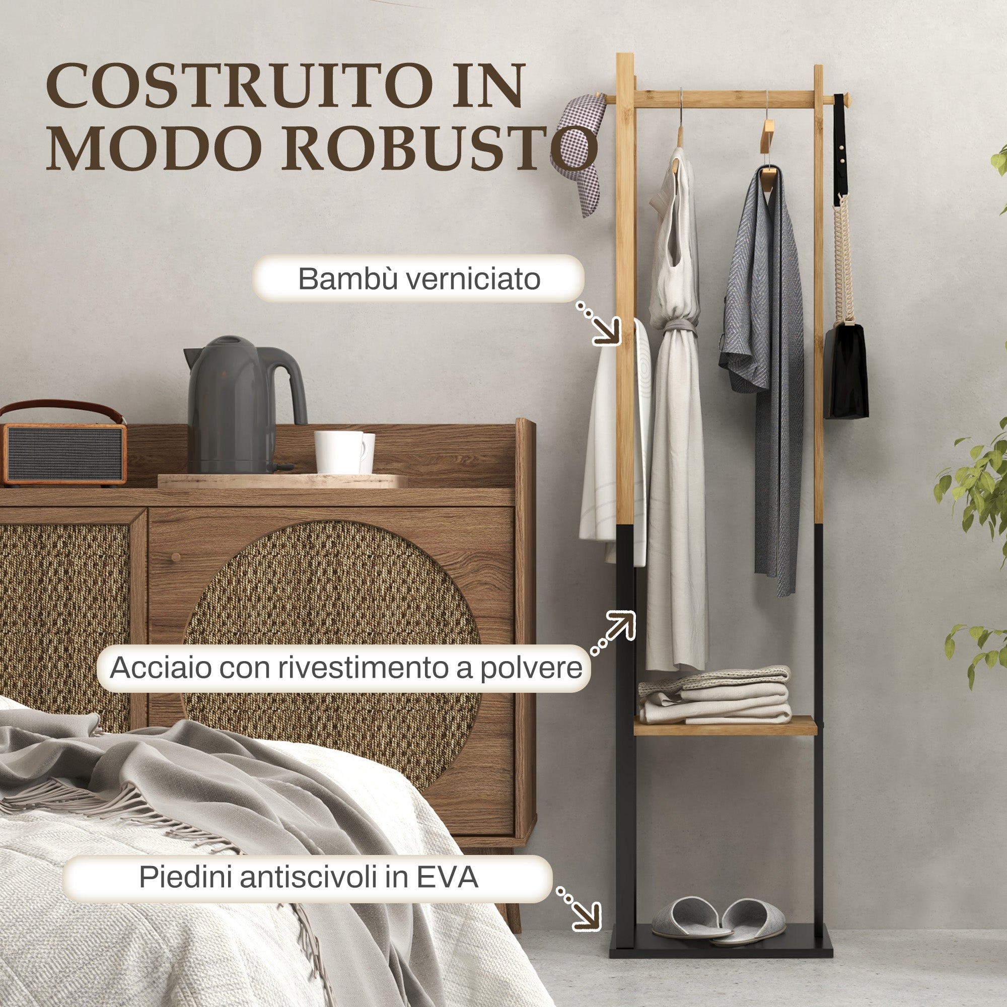 Freestanding Coat Rack with Central Bar, 4 Side Bars, 2 Hooks and 2 Shelves, Wood and Black