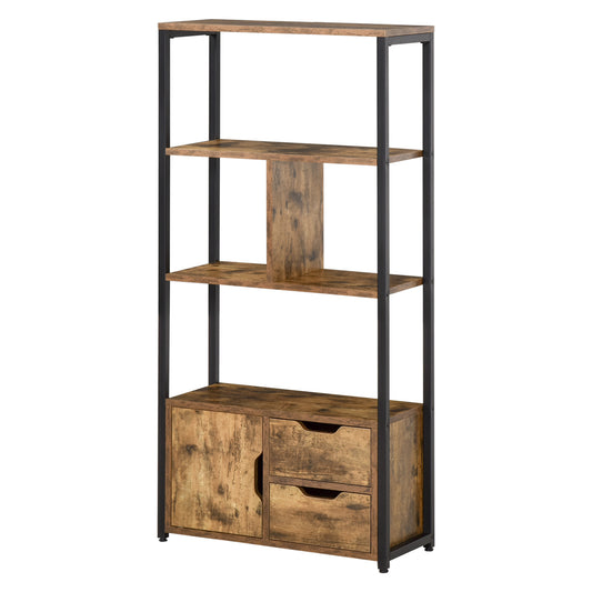 Bookcase Cabinet with 3 Shelves, Cabinet and 2 Drawers, in Chipboard and Metal, 58x24x122 cm