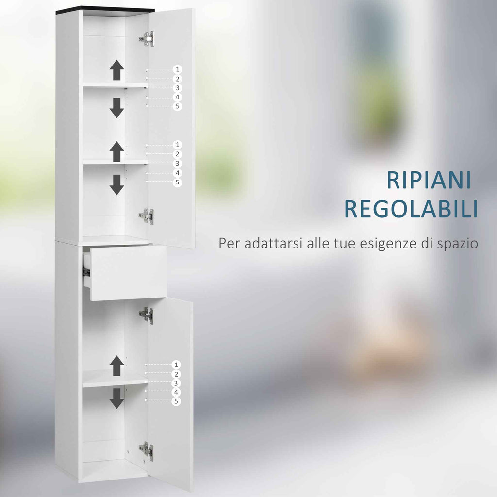 kleankin Bathroom Cabinet with Adjustable Shelf, 2 Closed Shelves and a Wooden Drawer, 30x28x180 cm, White