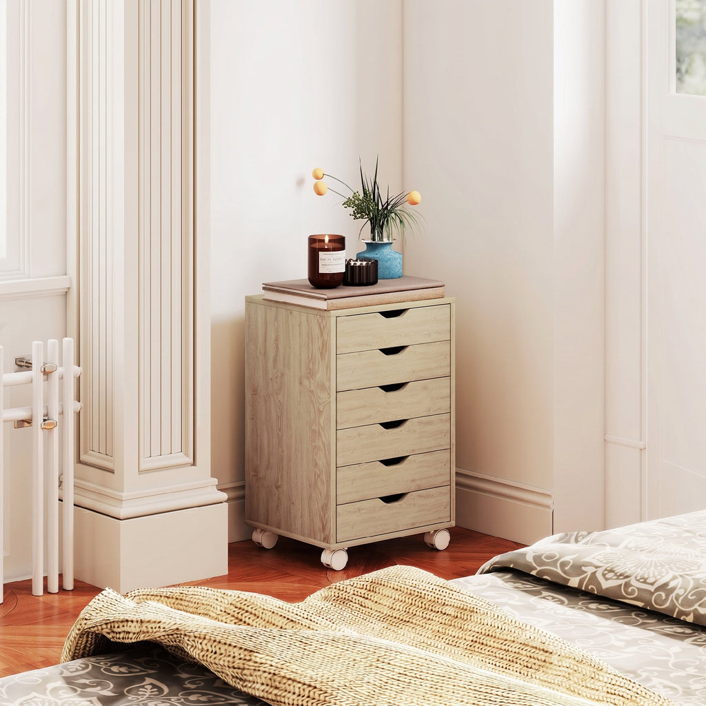 HOMCOM 6-Drawer Office Chest with 4 Wheels and Lock, 40x35x63 cm, Oak