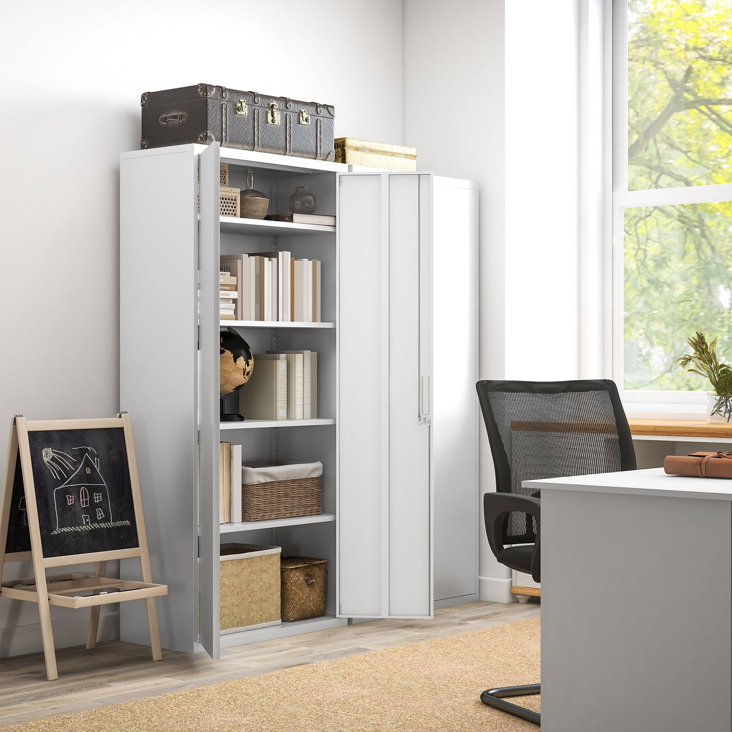 Office Cabinet with 4 Adjustable Shelves, Steel, 80x40x180 cm, White