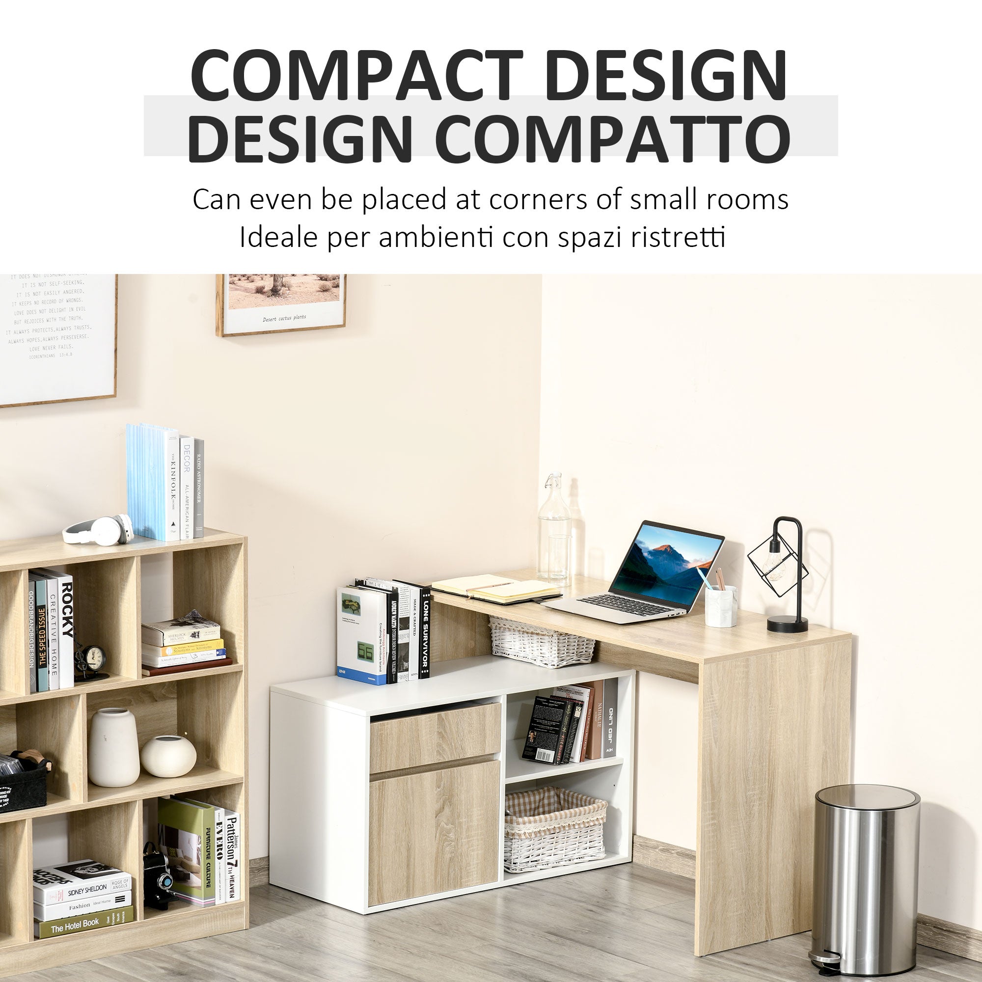 Corner Desk, Space-Saving Corner Computer Desk for Bedroom or Office, Oak and White Wood Desk