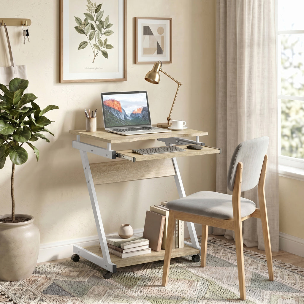 HOMCOM Computer Desk with 4 Wheels, Sliding Keyboard Tray, Oak Color