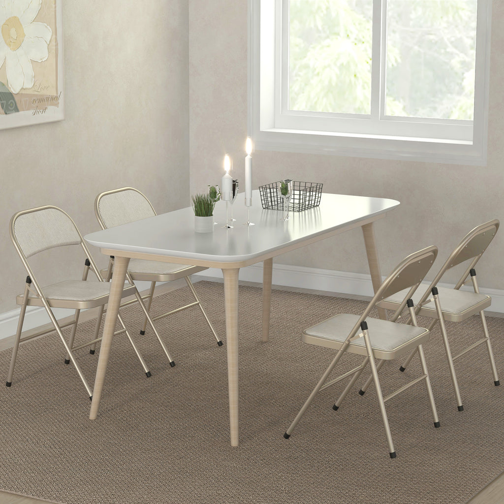 Set of 4 Folding Chairs with Upholstered Polyester Seat and Steel Frame, Beige