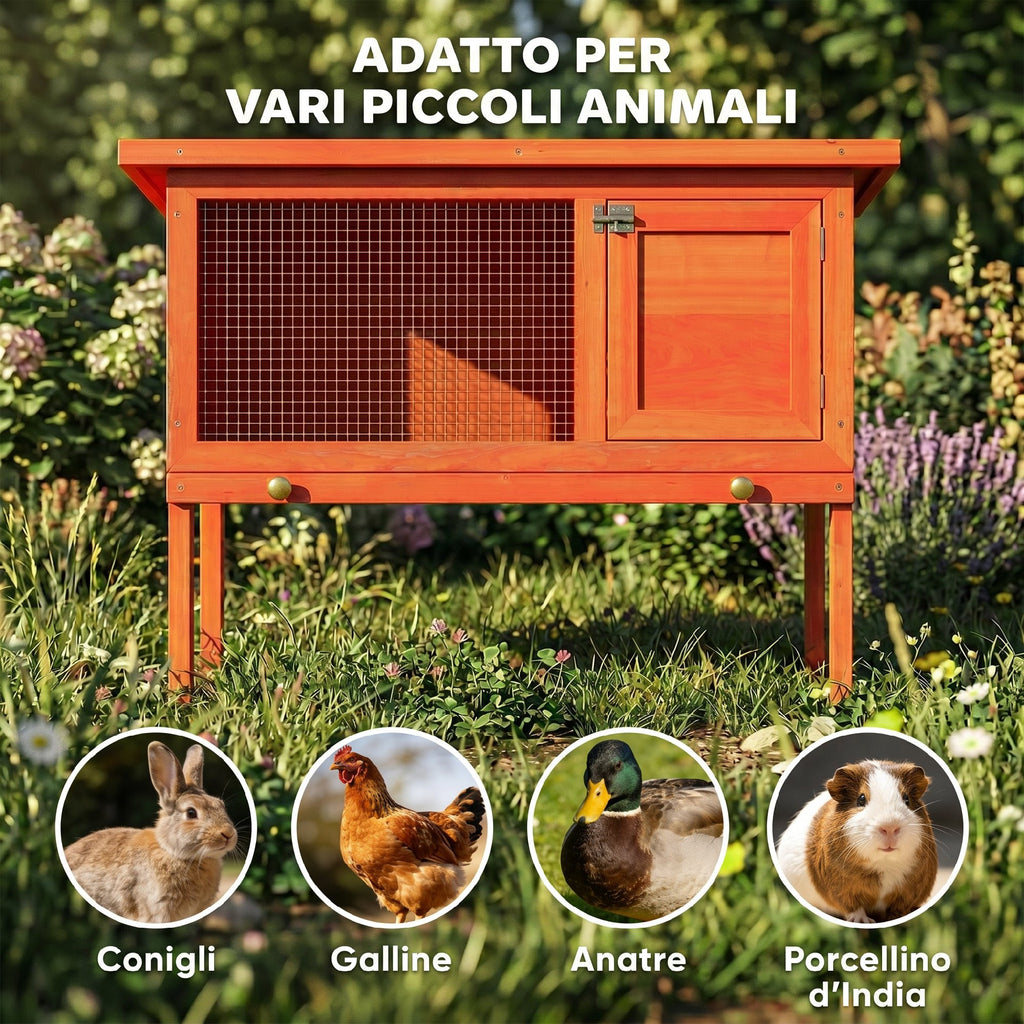 PawHut Outdoor Rabbit Hutch in Pine Wood with Removable Tray, Opening Roof and Lockable Door, Orange