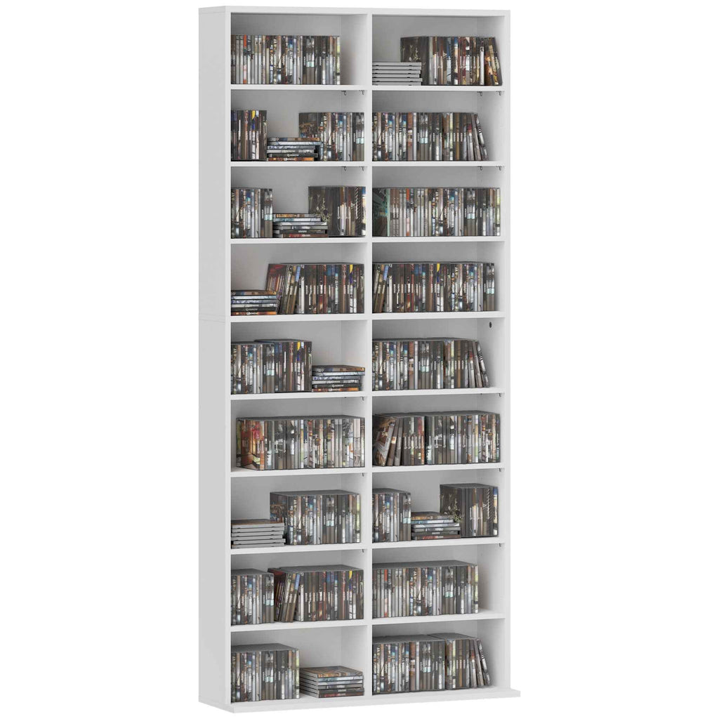 HOMCOM CD and DVD Shelves 18 Compartments Max. Capacity 640 CDs/360 DVDs 430 Blu-rays 78.5 x 24 x 175 cm White
