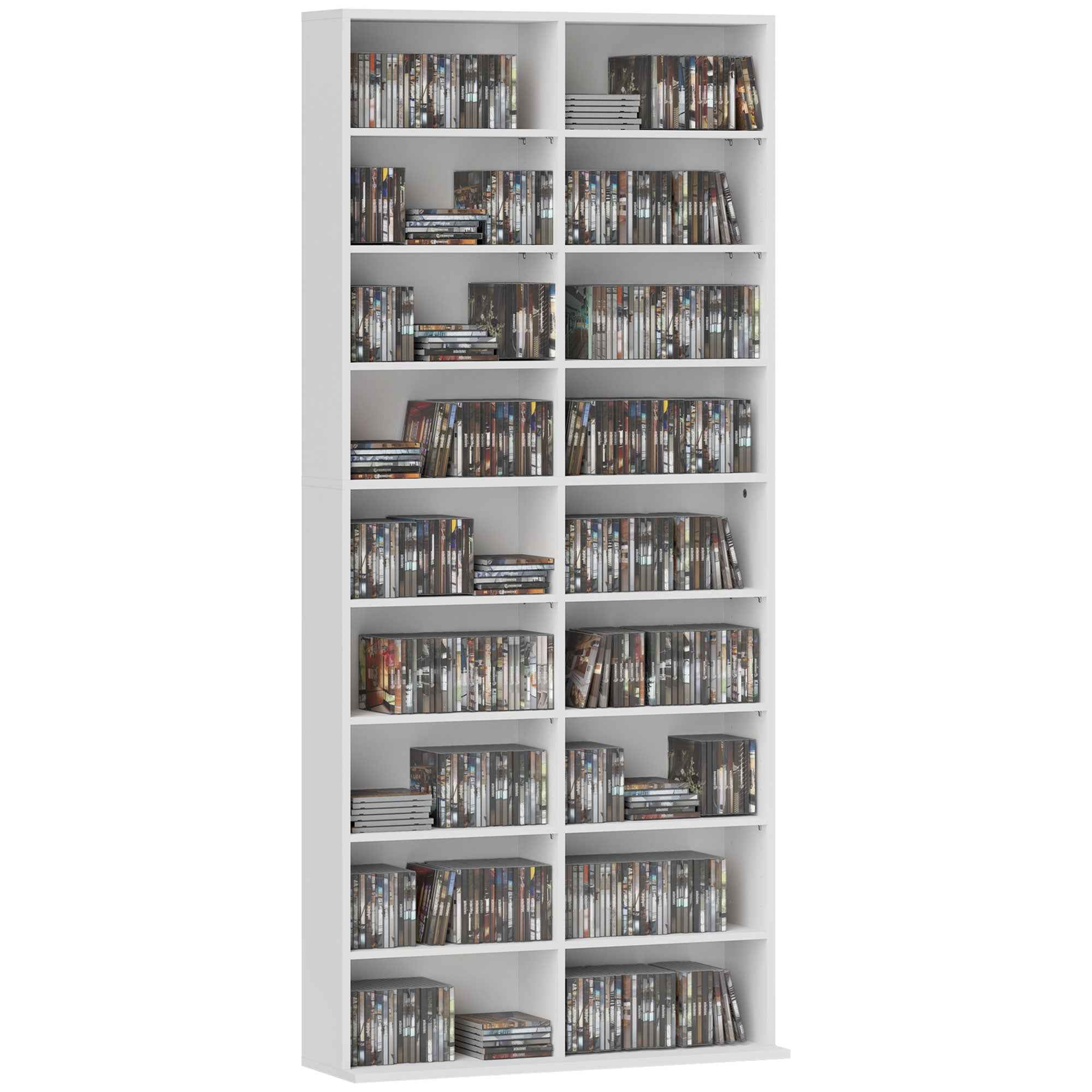 HOMCOM CD and DVD Shelves 18 Compartments Max. Capacity 640 CDs/360 DVDs 430 Blu-rays 78.5 x 24 x 175 cm White