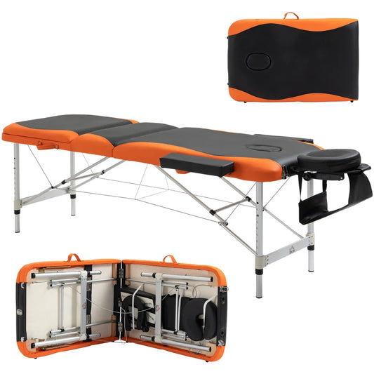 Foldable Massage and Beauty Table / Couch with Adjustable Height, Professional Massage Bed in Aluminum and Plastic, 215x60x61-84 cm, Black and Orange