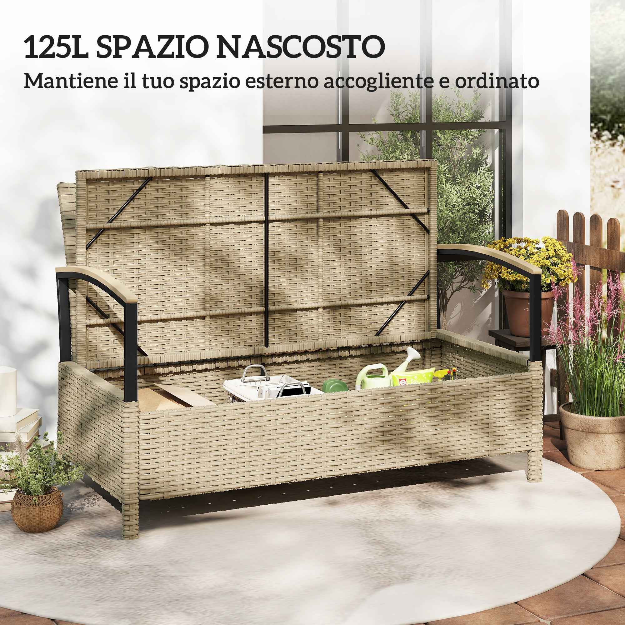 Outsunny 125L Storage Bench with Padded Cushion, Metal, 123x70x82 cm, Khaki