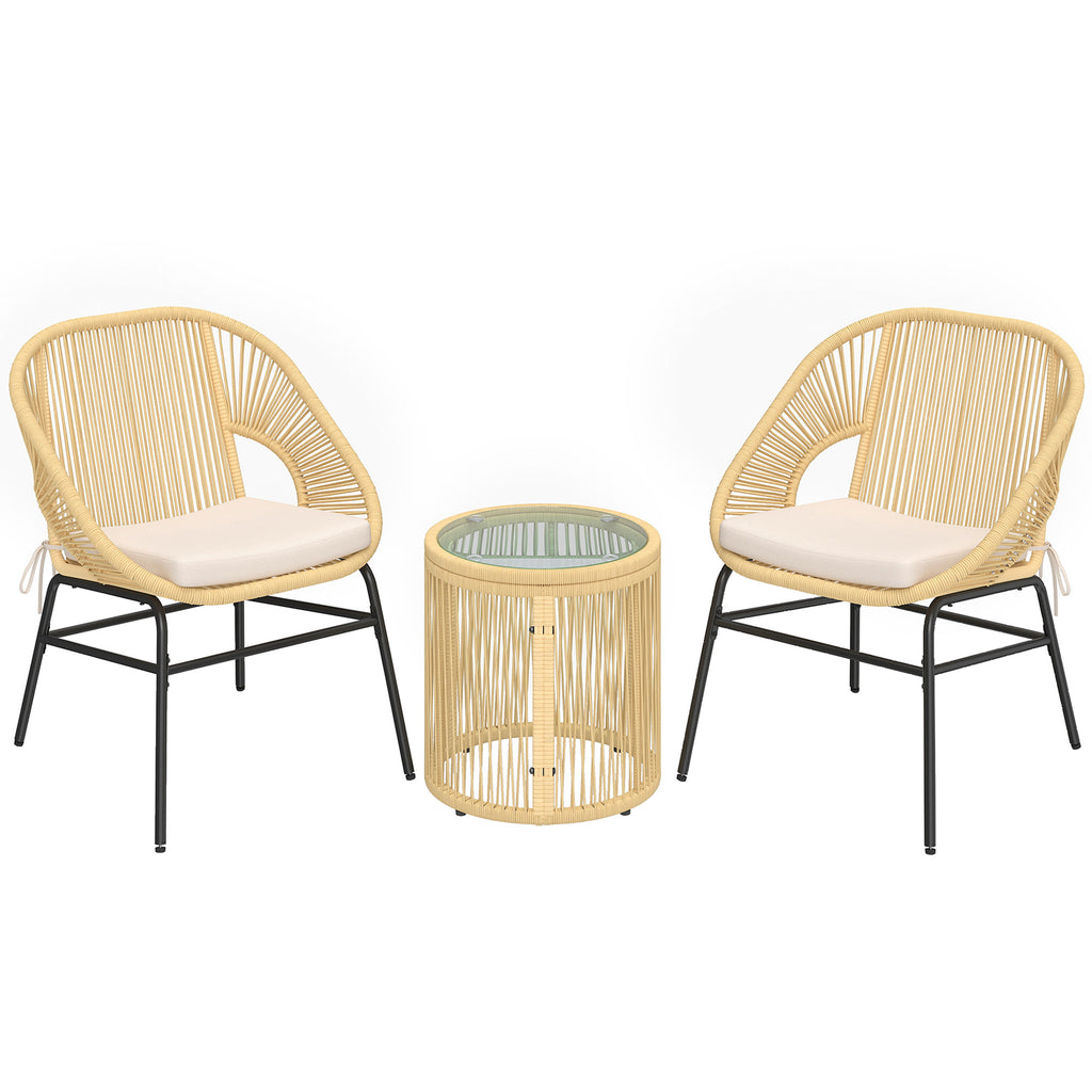 Outsunny 3-Piece Rattan and Steel Bistro Set with 2 Chairs, Round Table with Tempered Glass Top, Beige