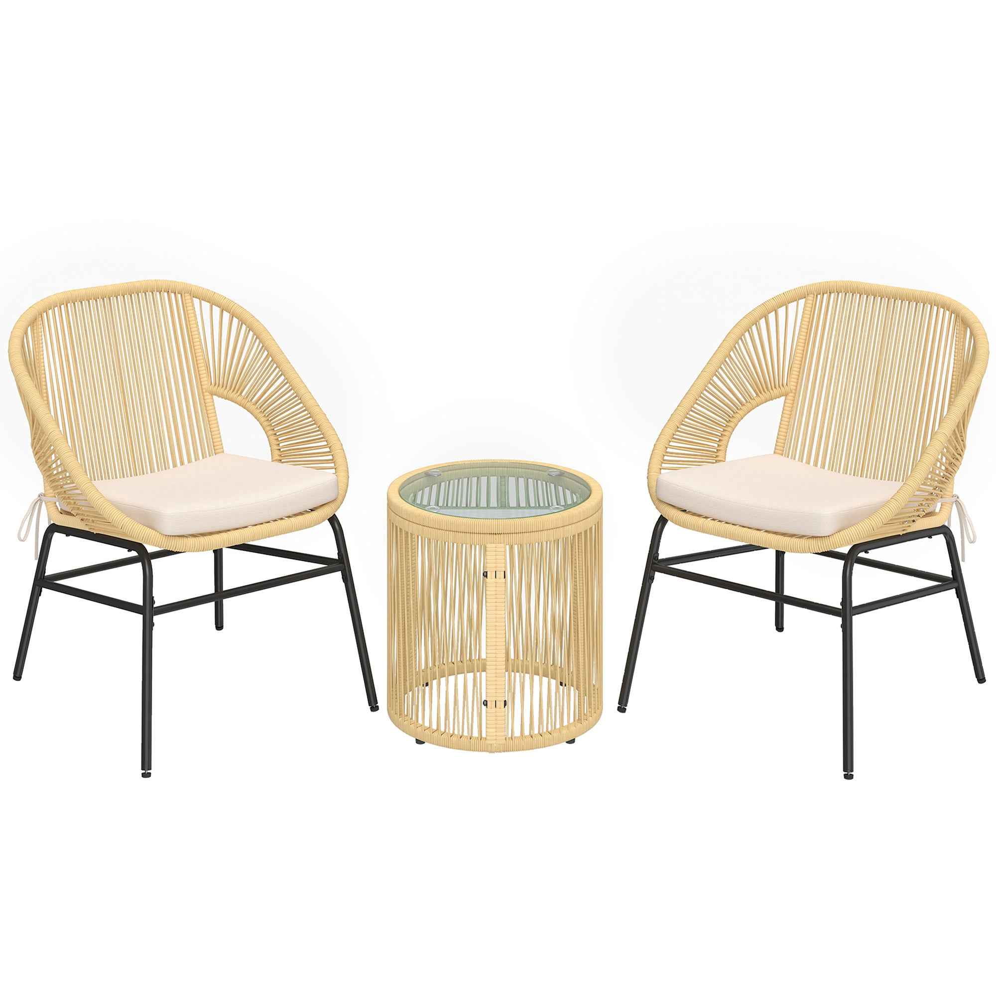 Outsunny 3-Piece Rattan and Steel Bistro Set with 2 Chairs, Round Table with Tempered Glass Top, Beige