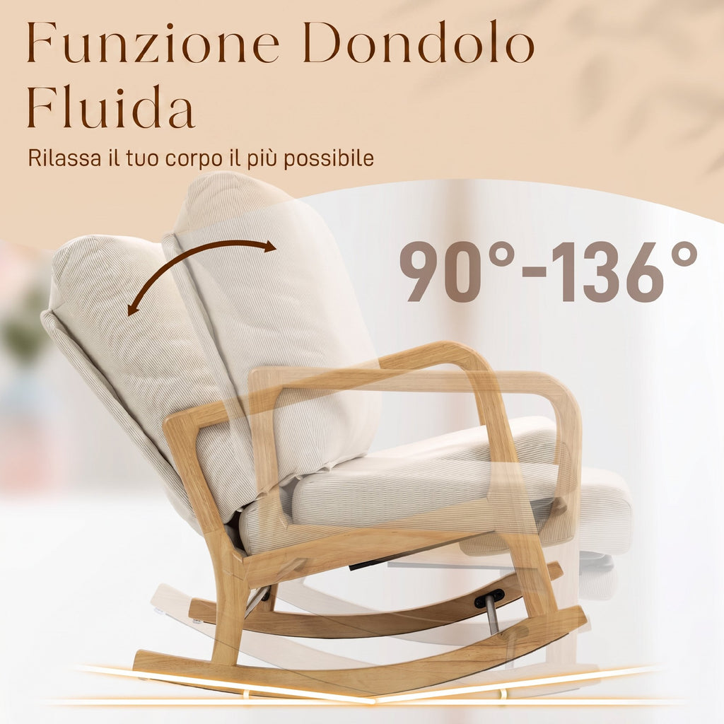 HOMCOM Corduroy Rocking Chair with Footrest, Reclining Backrest, Scandinavian Style, Cream