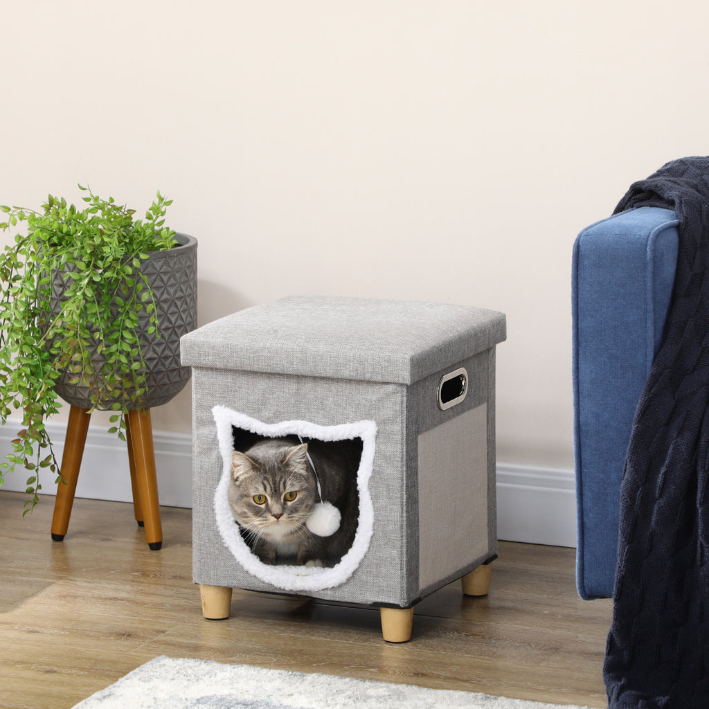 Cat House with Scratching Post, Cushion and Ball, Made of Wood and Polyester, 35.5x35.5x42.5 cm, Cream and Grey