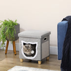 Cat House with Scratching Post, Cushion and Ball, Made of Wood and Polyester, 35.5x35.5x42.5 cm, Cream and Grey