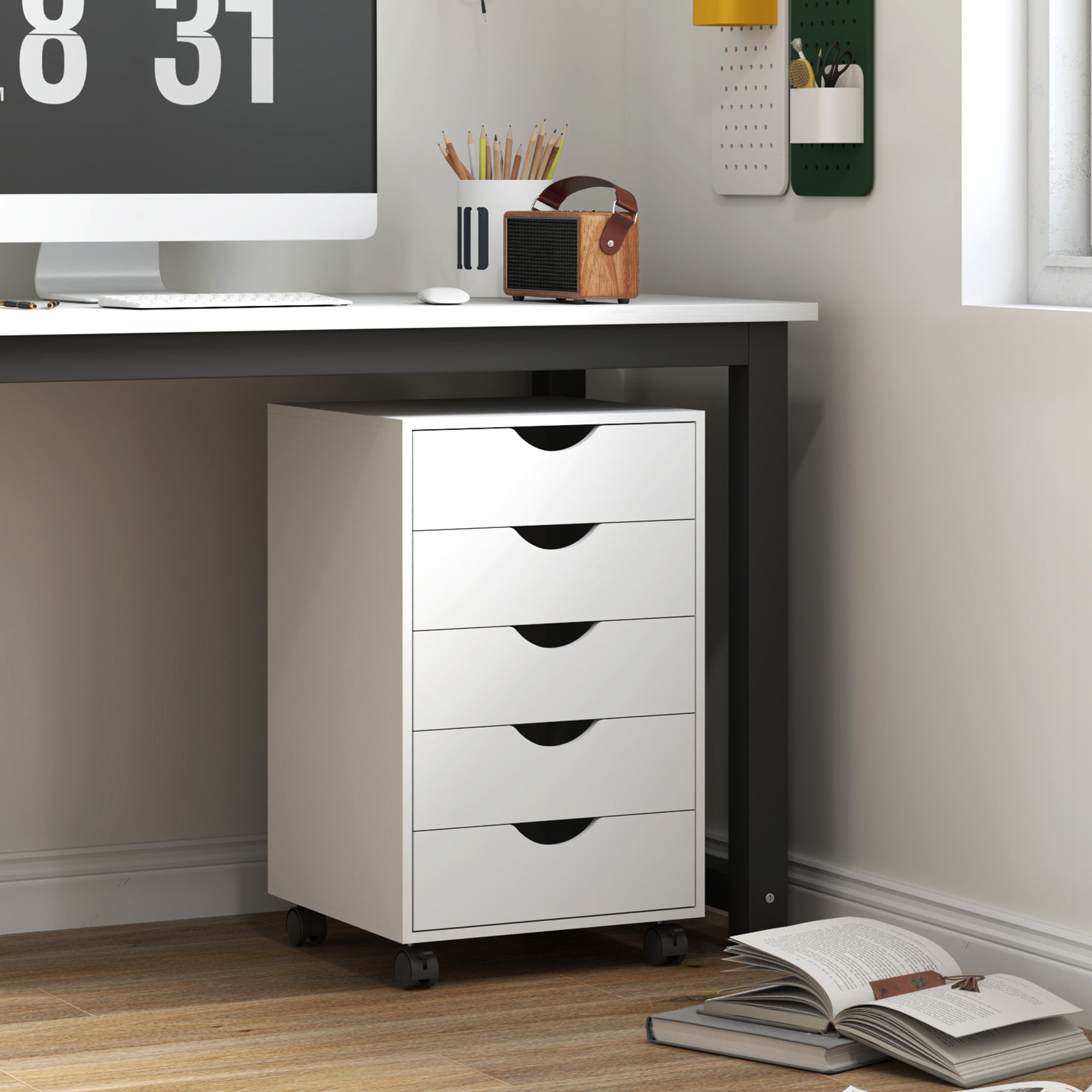 5-Drawer Office Chest with Swivel Casters with Brakes, 40x40x67 cm, White