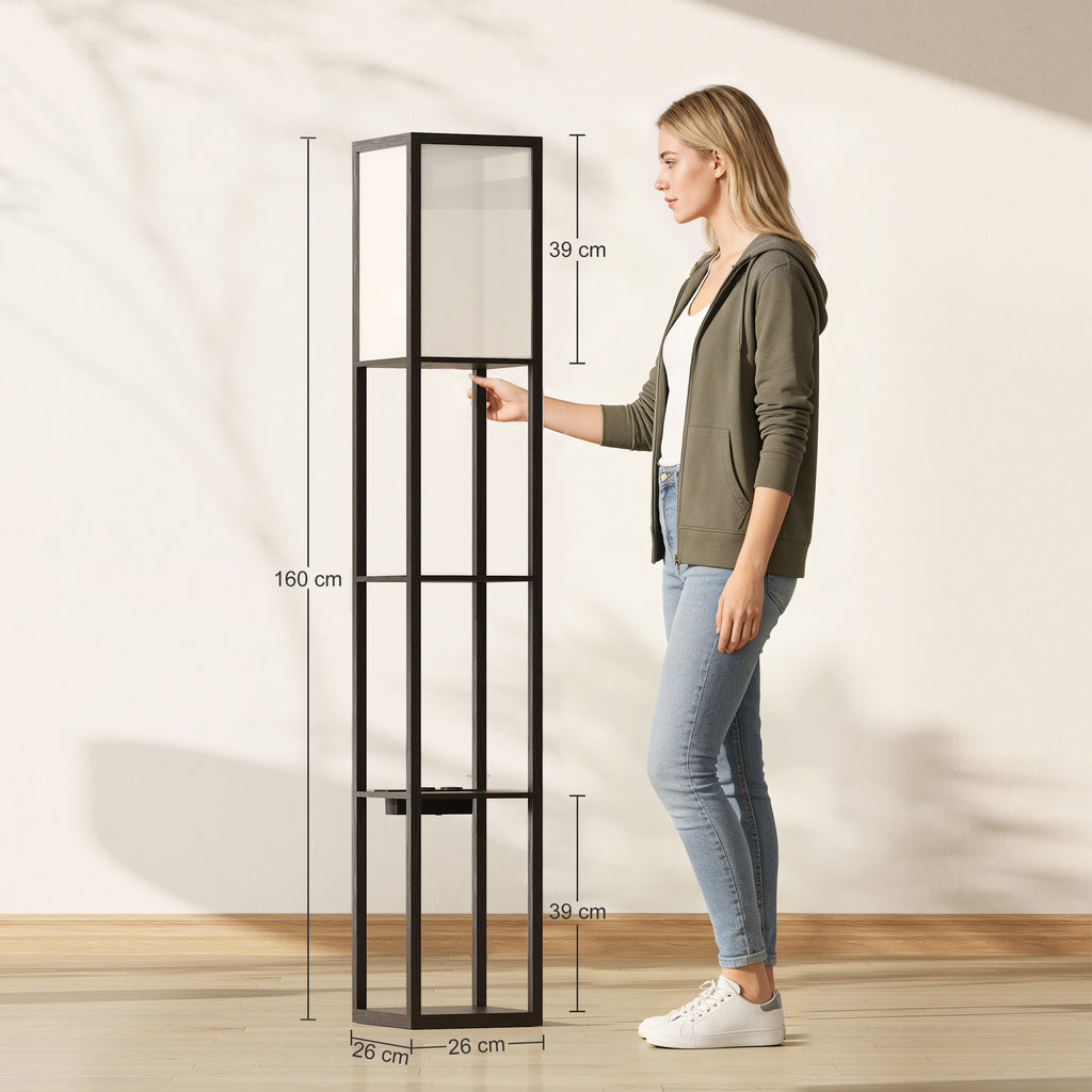 HOMCOM Floor Lamp with Shelves, Dimmable Light, Foot Switch and USB Ports, Black