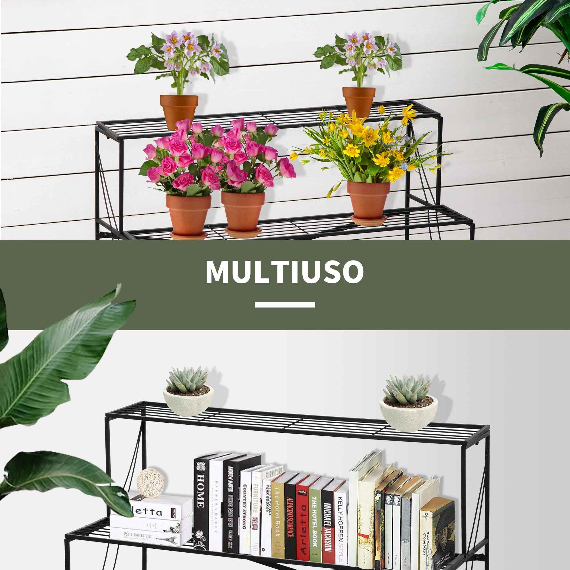 Outsunny Wrought Iron Plant Stand, 3-Tier Outdoor Plant Ladder, Black